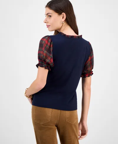 Tommy Hilfiger Women's Mixed-media Plaid Puff-sleeve Top In Blue