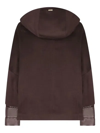 Herno Pure Cashmere Cape With Ultralight Nylon Sleeves And Cozy Hood In Brown