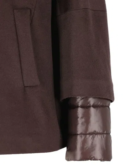 Herno Pure Cashmere Cape With Ultralight Nylon Sleeves And Cozy Hood In Brown