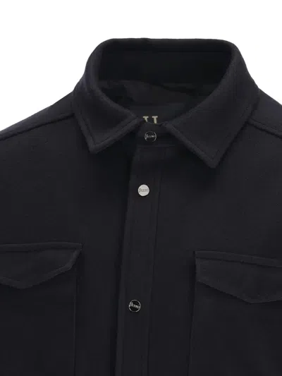 Herno Snap Front Chest Flap Pocket Brushed Wool Cashmere Blend Lined Shirt Jacket In Black