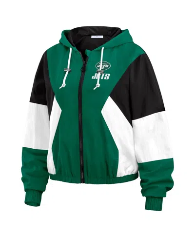 Wear By Erin Andrews Women's Green/black New York Jets Plus Size Color Block Full-zip Windbreaker Jacket In Green