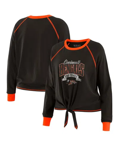 Wear By Erin Andrews Women's Black/orange Cincinnati Bengals Tie-front Long Sleeve Top In Brown