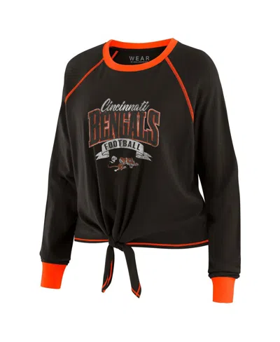 Wear By Erin Andrews Women's Black/orange Cincinnati Bengals Tie-front Long Sleeve Top In Brown