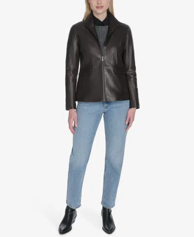 Cole Haan Wing Collar Leather Jacket In Brown