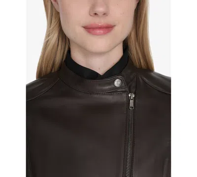 Cole Haan Leather Stand Collar Racer Jacket In Brown