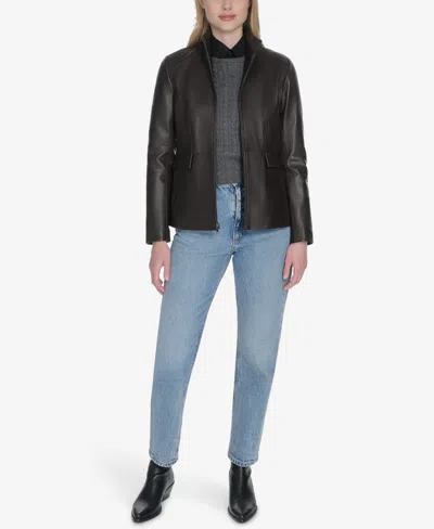 Cole Haan Wing Collar Leather Jacket In Brown