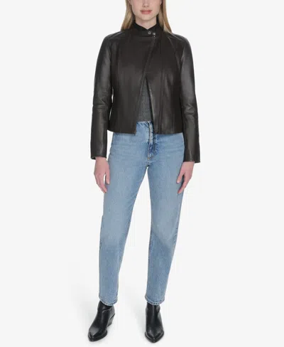 Cole Haan Leather Stand Collar Racer Jacket In Brown