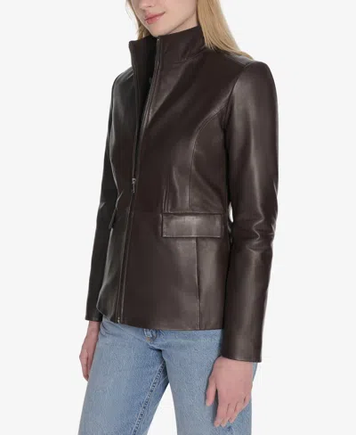 Cole Haan Wing Collar Leather Jacket In Brown