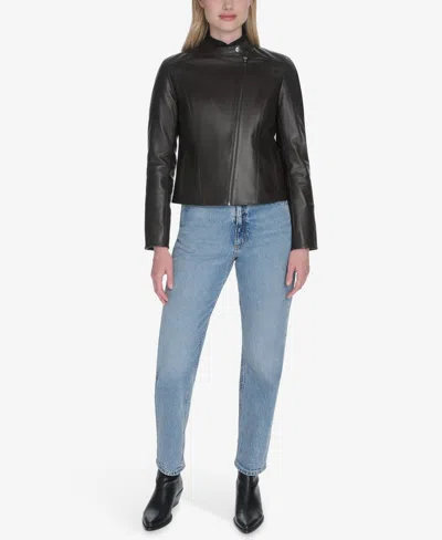 Cole Haan Leather Stand Collar Racer Jacket In Brown