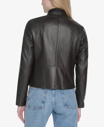 Cole Haan Leather Stand Collar Racer Jacket In Brown