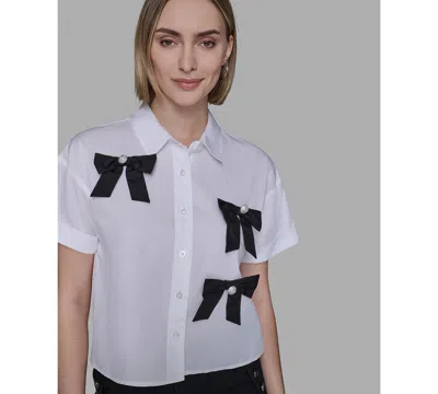 Karl Lagerfeld Petite Bow Short Sleeves Top In White