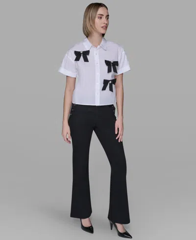 Karl Lagerfeld Petite Bow Short Sleeves Top In White