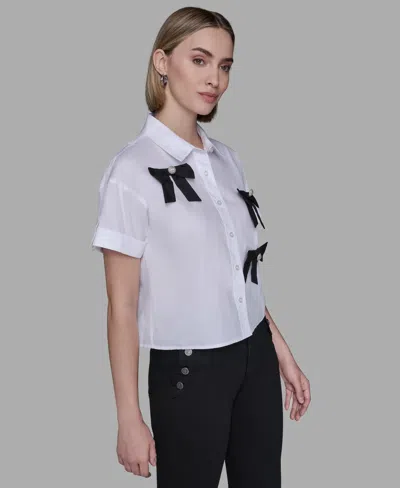 Karl Lagerfeld Petite Bow Short Sleeves Top In White