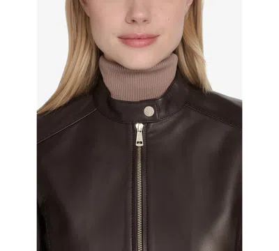 Cole Haan Leather Biker Jacket In Brown