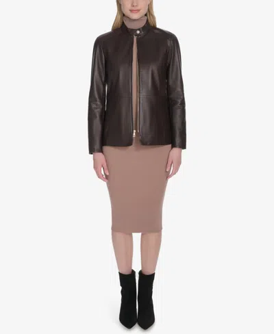 Cole Haan Leather Biker Jacket In Brown