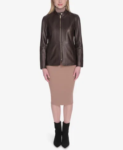 Cole Haan Leather Biker Jacket In Brown