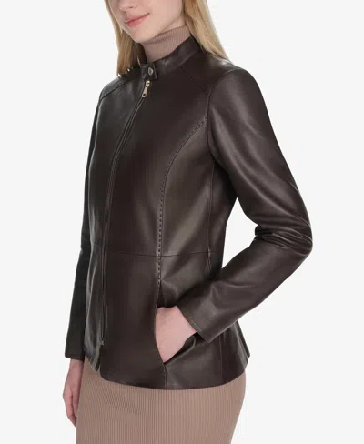 Cole Haan Leather Biker Jacket In Brown