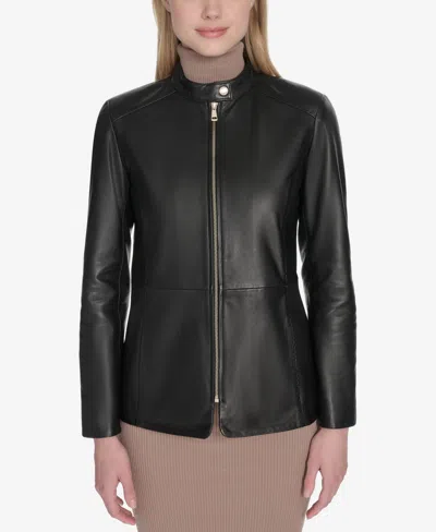 Cole Haan Women's Hand Stitched Detail Stand Collar Leather Jacket In Black