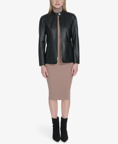 Cole Haan Women's Hand Stitched Detail Stand Collar Leather Jacket In Black