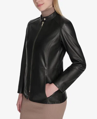 Cole Haan Women's Hand Stitched Detail Stand Collar Leather Jacket In Black