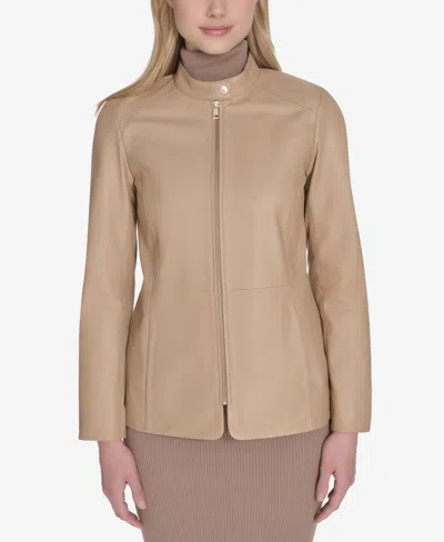 Cole Haan Stand Collar Leather Jacket In Brown