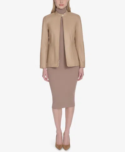 Cole Haan Stand Collar Leather Jacket In Brown