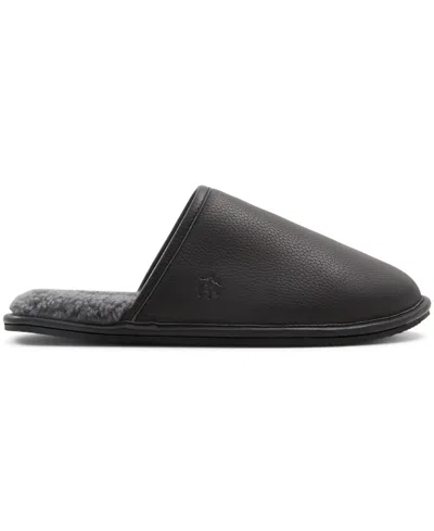 Brooks Brothers Shearling Lined Leather Slippers Shoes In Black