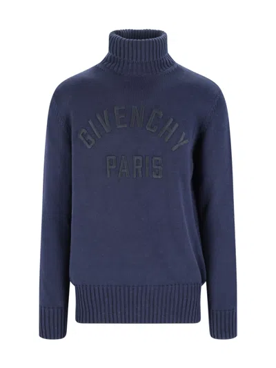Givenchy Turtleneck Sweater In Cotton With Paris Embroidery Clothing In Blue