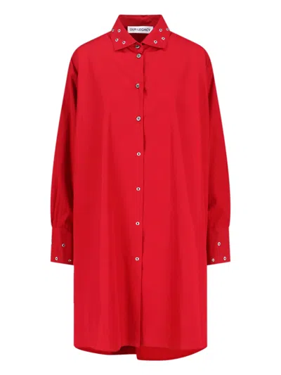 Our Legacy Long Sleeve Knee Length Dress With Eyelet Design In Red