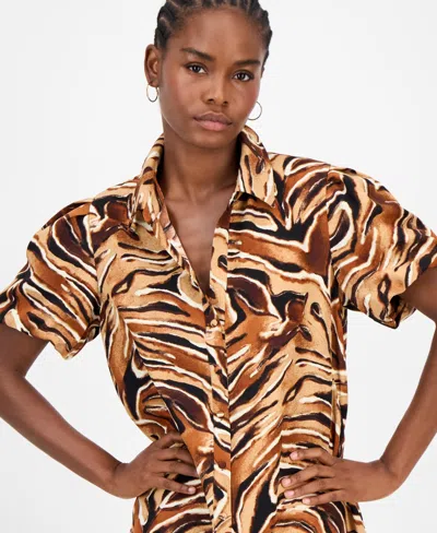 Sandra Darren Petite Printed Puff-sleeve Shirtdress In Animal Print