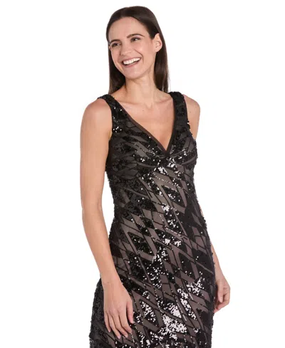 R & M Richards 3355 Formal Long Sequin Evening Dress In Black