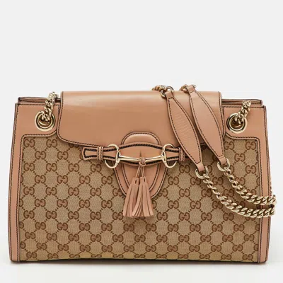 Pre-owned Gucci Beige/pink Gg Canvas And Leather Large Emily Chain Shoulder Bag In Sand