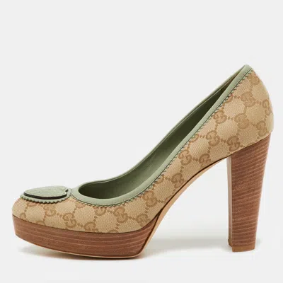 Pre-owned Gucci Beige/light Green Gg Canvas And Leather Babouska Platform Pumps Size 40.5 In Sand