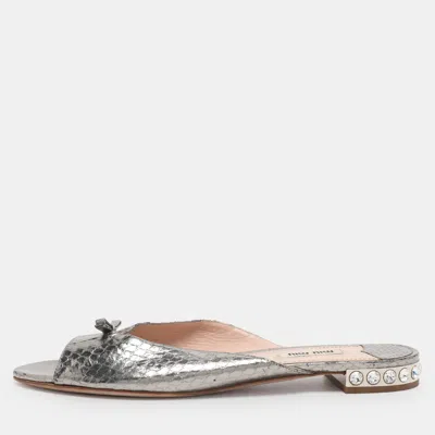 Pre-owned Miu Miu Metallic Silver Python Embossed Leather Crystal Embellished Flat Slides Size 40.5