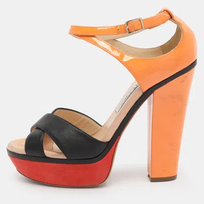 Pre-owned Jimmy Choo Tricolor Leather Cross Strap Platform Block Heel Sandals Size 38.5 In Multi