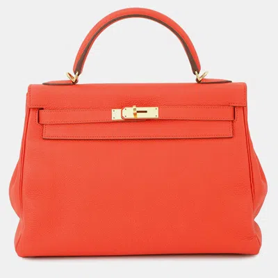 Pre-owned Hermes Kelly 32 Orange Poppy Taurillon Clemence Bag