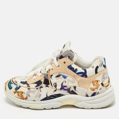 Pre-owned Chanel Multicolor Cc Print Satin And Suede Lace Up Sneakers Size 40
