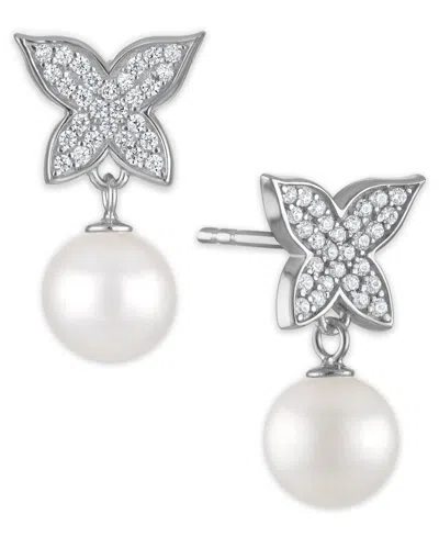 Macy's Cultured Freshwater Pearl (7.5-8mm) And Cubic Zirconia Butterfly Earrings In Sterling Silver In Metallic