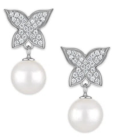 Macy's Cultured Freshwater Pearl (7.5-8mm) And Cubic Zirconia Butterfly Earrings In Sterling Silver In Metallic