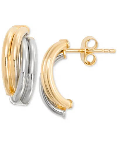 Macy's Polished Ridged Crossover Half Hoop Earrings In 10k Two-tone Gold In Gold