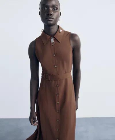 Mango Belt Shirt Dress Brown In Brown