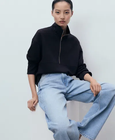 Mango Turtleneck Sweatshirt With Zip Navy In Black