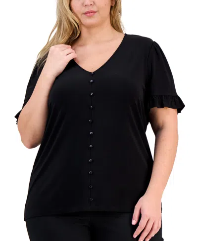 Ak Anne Klein Plus Size Button-front Flutter-sleeve Top In Black