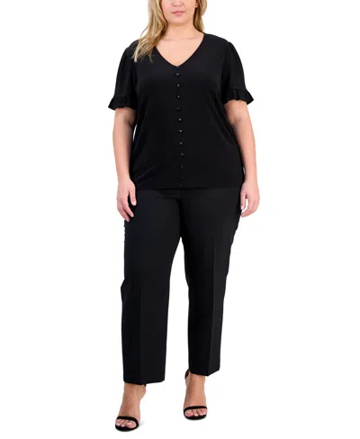 Ak Anne Klein Plus Size Button-front Flutter-sleeve Top In Black