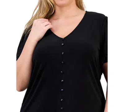 Ak Anne Klein Plus Size Button-front Flutter-sleeve Top In Black