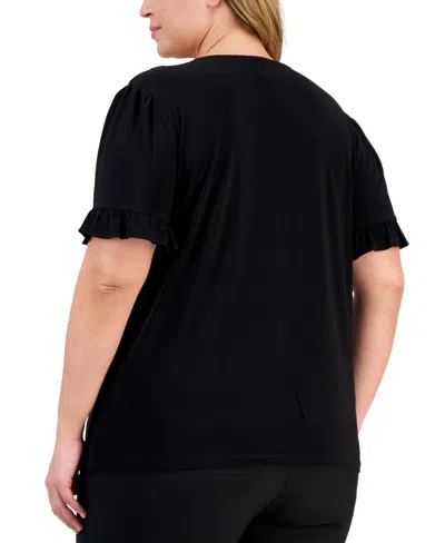 Ak Anne Klein Plus Size Button-front Flutter-sleeve Top In Black