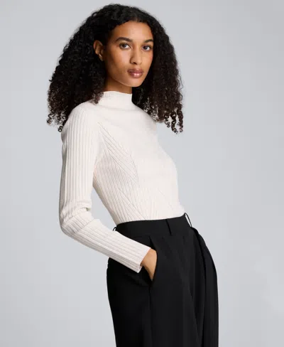 Kenneth Cole Mock Neck Long Sleeve Rib Chevron Sweater In White