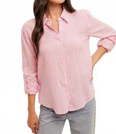 Hem & Thread Double Gauze Oversized Button Down Stripe Shirt In Hot Pink In Pink