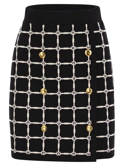 Elisabetta Franchi Black Jacquard Mini Skirt With Logo And Gold Buttons In Black