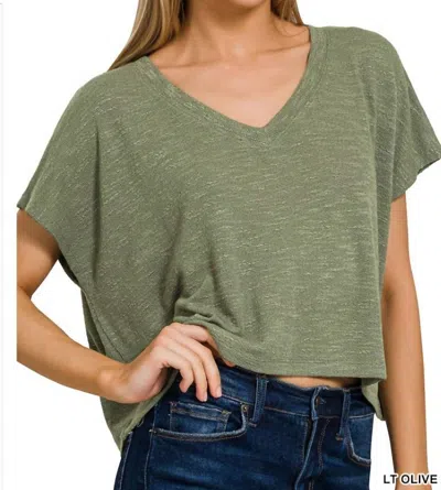 Zenana V-neck Slub Hacci Crop Top In Olive In Green